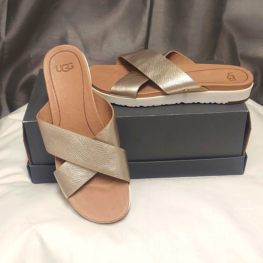 UGG Kari Treadlite Metallic Gold Slide Sandals